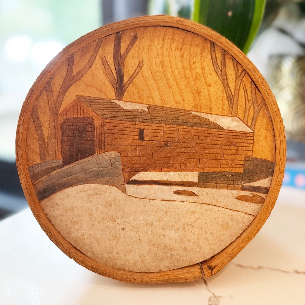 Vintage Wood Marquetry Plaque Covered Bridge Winter Scene Pyrography Folk Art 5"